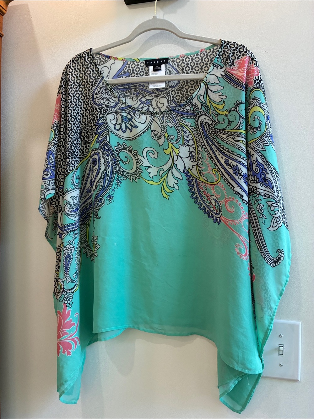 Tribal Aqua Paisley chiffon Draped Tunic Top size XL